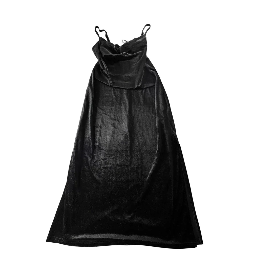 She + Sky Black Velvet Velour Cowl Neck Midi Slip Dress with Side Slit NWT Large